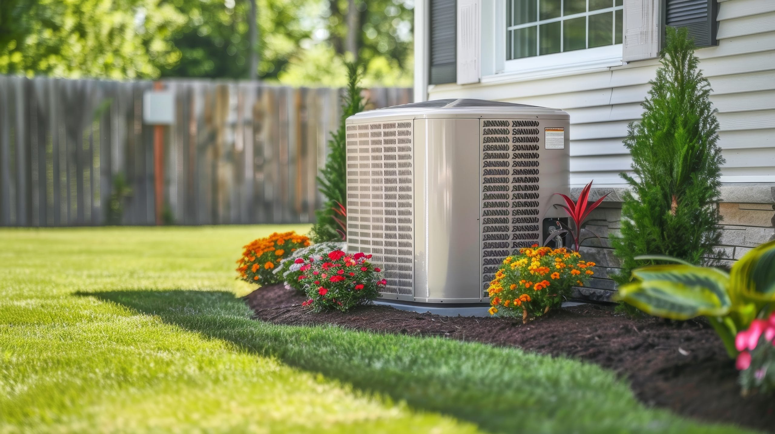 Air conditioning a/c A central HVAC unit sits beside a new home, surrounded by green grass and colorful flowers.